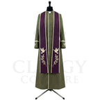 Front view of an olive green clergy cassock robe worn with the optional plum stole embroidered with the Holy Spirit dove.