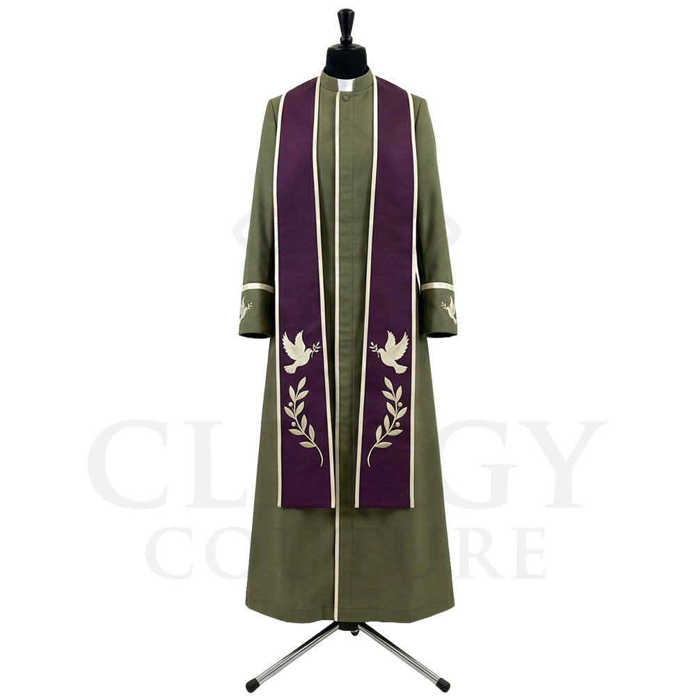 Front view of an olive green clergy cassock robe worn with the optional plum stole embroidered with the Holy Spirit dove.
