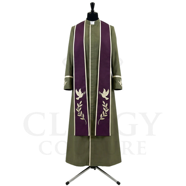 Front view of an olive green clergy cassock robe worn with the optional plum stole embroidered with the Holy Spirit dove.