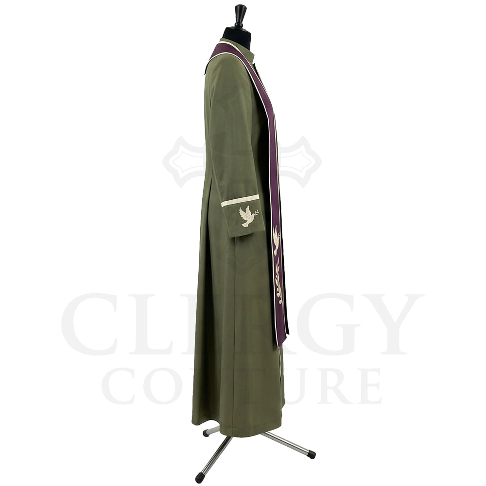 Side view of the olive green cassock robe showing the plum stole hanging past the hip and the dove-marked pocket.