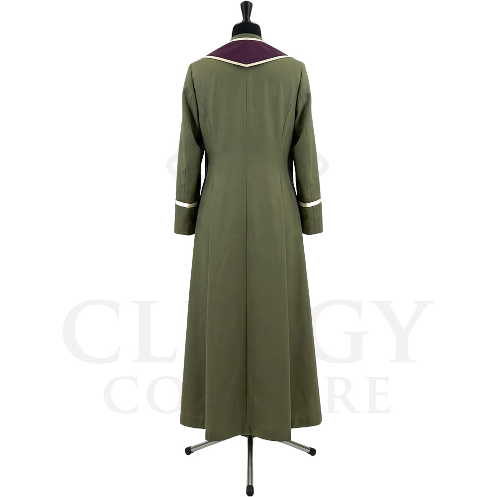 Back view of the olive green cassock robe without the stole, showing the pointed plum yoke across the shoulders.