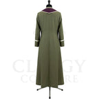 Back view of the olive green cassock robe without the stole, showing the pointed plum yoke across the shoulders.