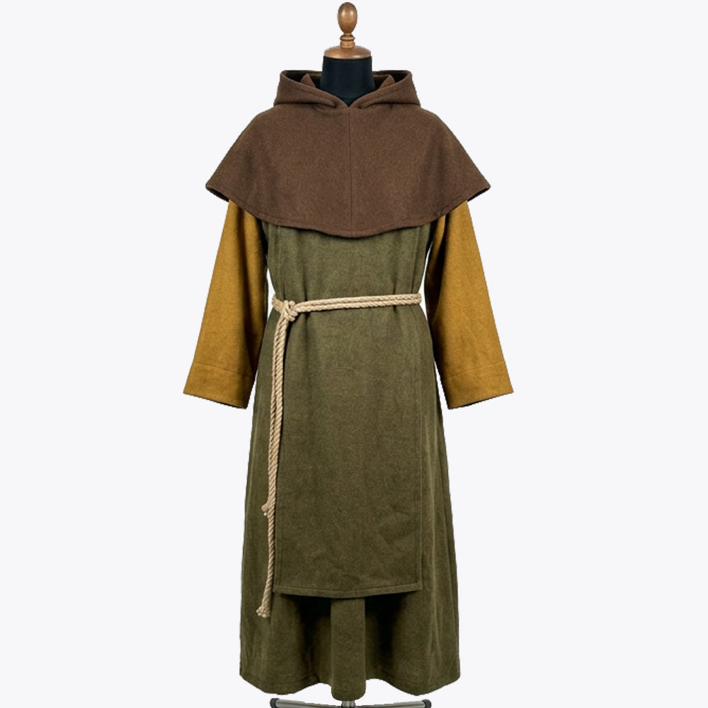 Front full-length view of an olive-green monk habit with a broad brown shoulder cape and mustard sleeves