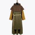 Front full-length view of an olive-green monk habit with a broad brown shoulder cape and mustard sleeves