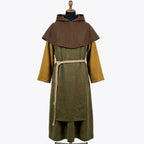 Front full-length view of an olive-green monk habit with a broad brown shoulder cape and mustard sleeves