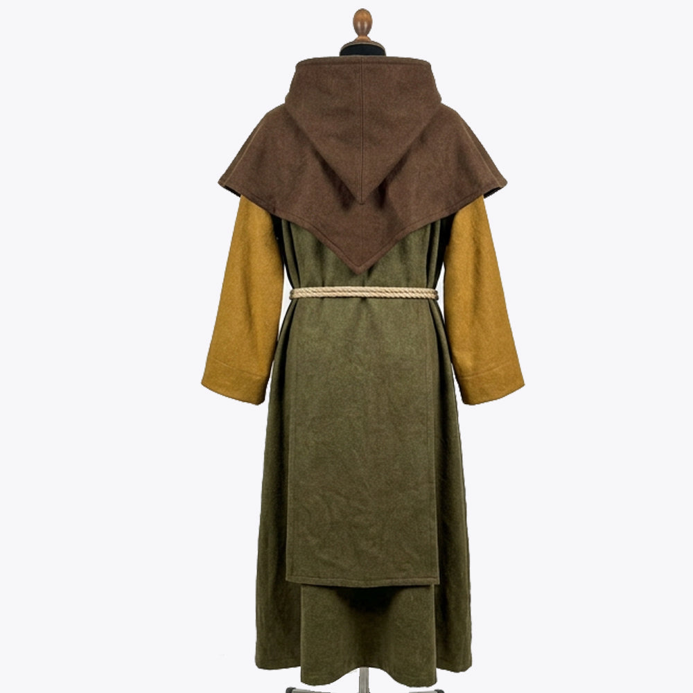 Back view of the olive habit showing the wide rounded brown cape narrowing to a point at the hood