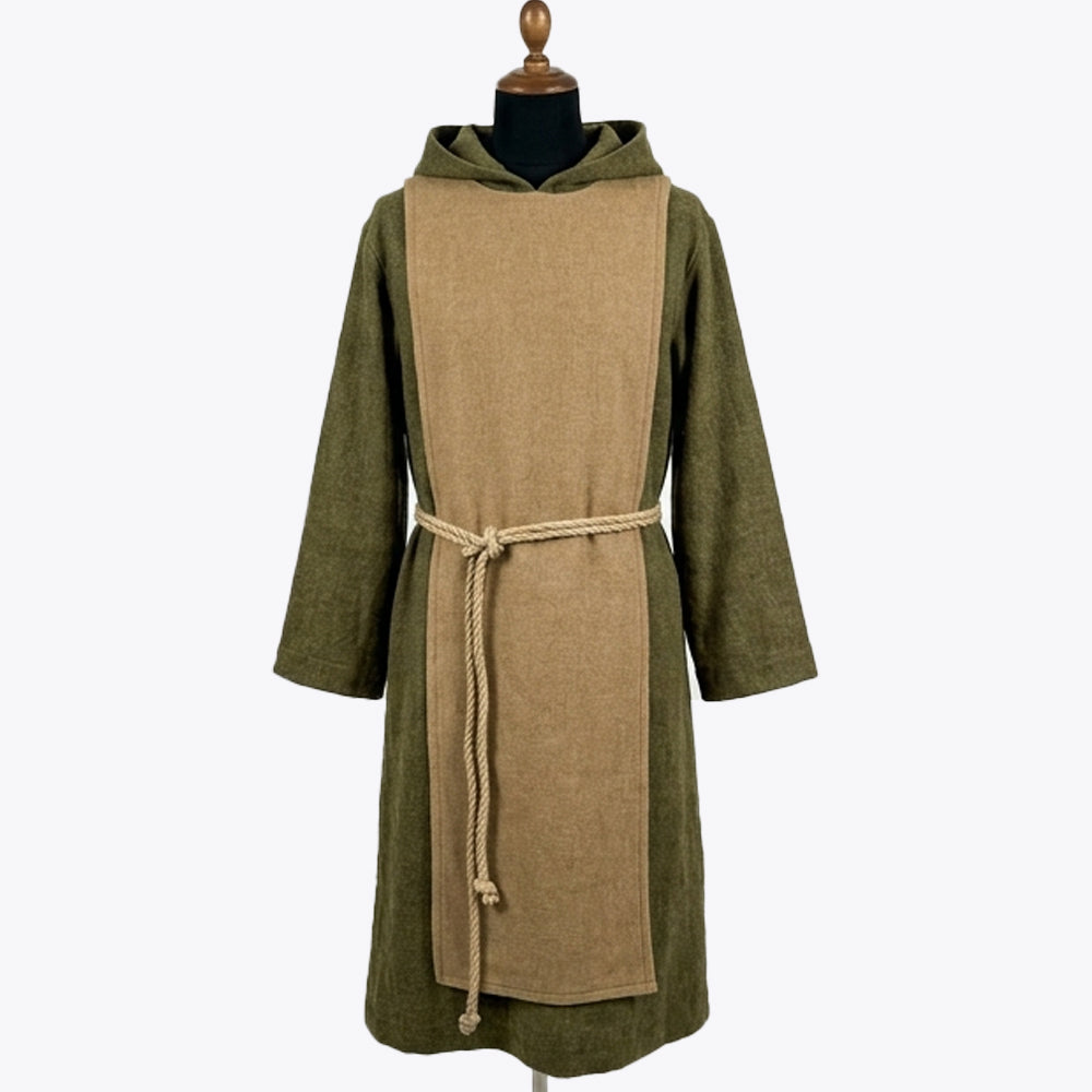 Front full-length view of an olive-green monk habit with a camel scapular, hood and sleeves in matching olive
