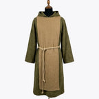 Front full-length view of an olive-green monk habit with a camel scapular, hood and sleeves in matching olive