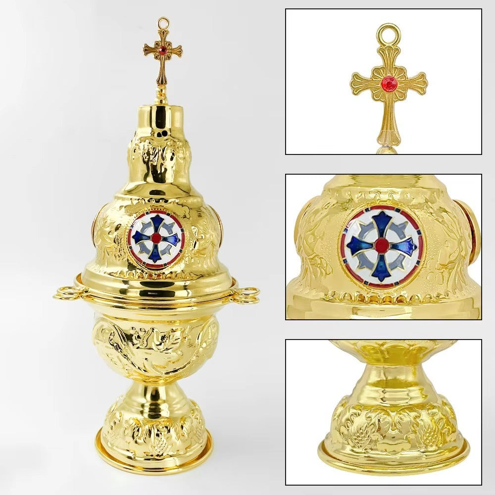 Detail views of the gold censer: the stone-set cross finial, the red, white and blue enamel medallion, and the chased stepped foot