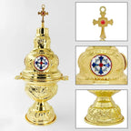 Detail views of the gold censer: the stone-set cross finial, the red, white and blue enamel medallion, and the chased stepped foot