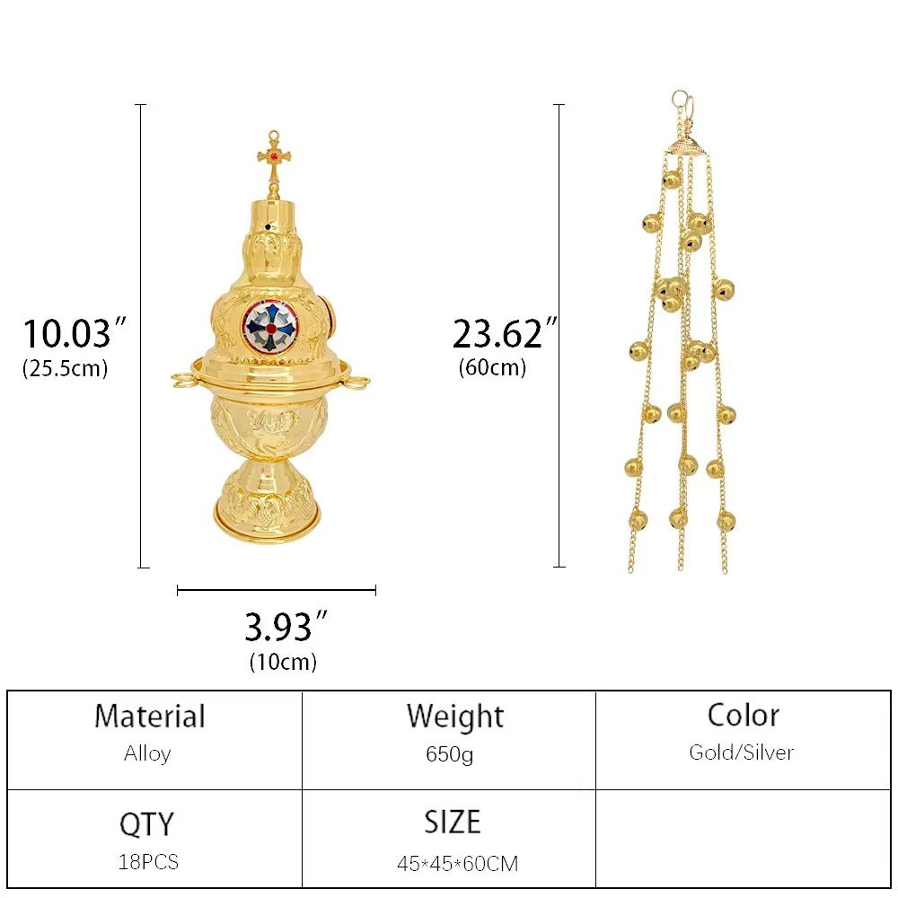 Dimension sheet: censer 10.03 inches or 25.5 cm high and 3.93 inches or 10 cm wide, chains 23.62 inches or 60 cm, alloy, 650 g