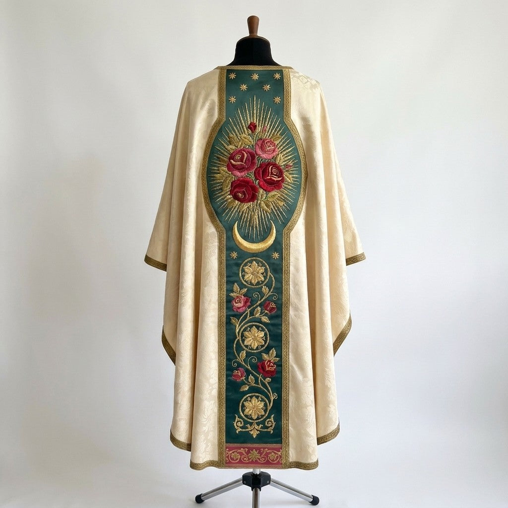 Back of the Guadalupe chasuble with a green orphrey: gold stars, a bouquet of red and pink roses in an oval of golden rays above a crescent moon, and a rose vine to the hem