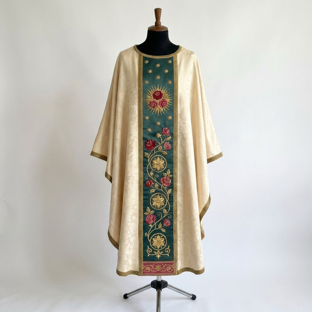 Front of an ivory damask Our Lady of Guadalupe chasuble with a green column orphrey: gold stars, three roses in a golden sunburst and a rose vine with gold rosettes