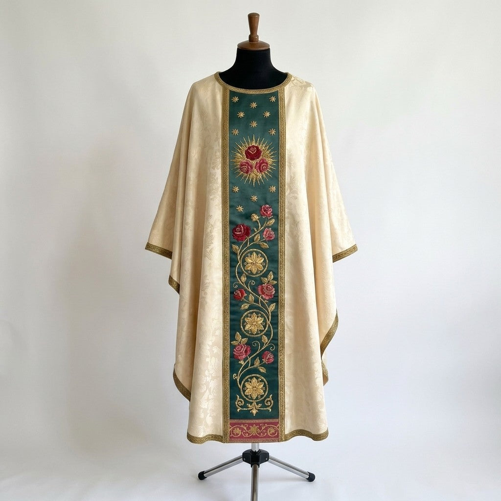 Front of an ivory damask Our Lady of Guadalupe chasuble with a green column orphrey: gold stars, three roses in a golden sunburst and a rose vine with gold rosettes