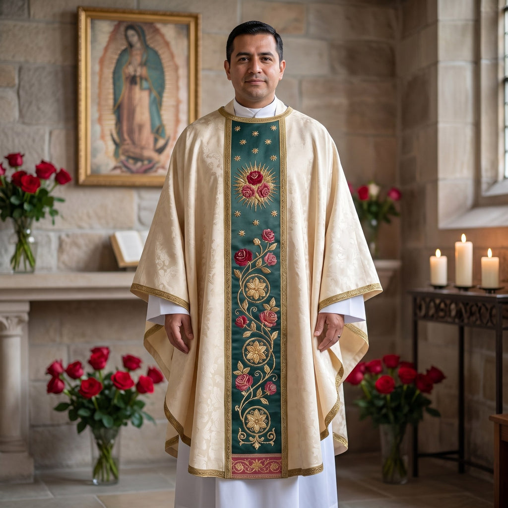 A priest wearing the ivory Guadalupe chasuble with green rose orphrey beneath an image of Our Lady of Guadalupe with red roses and candles