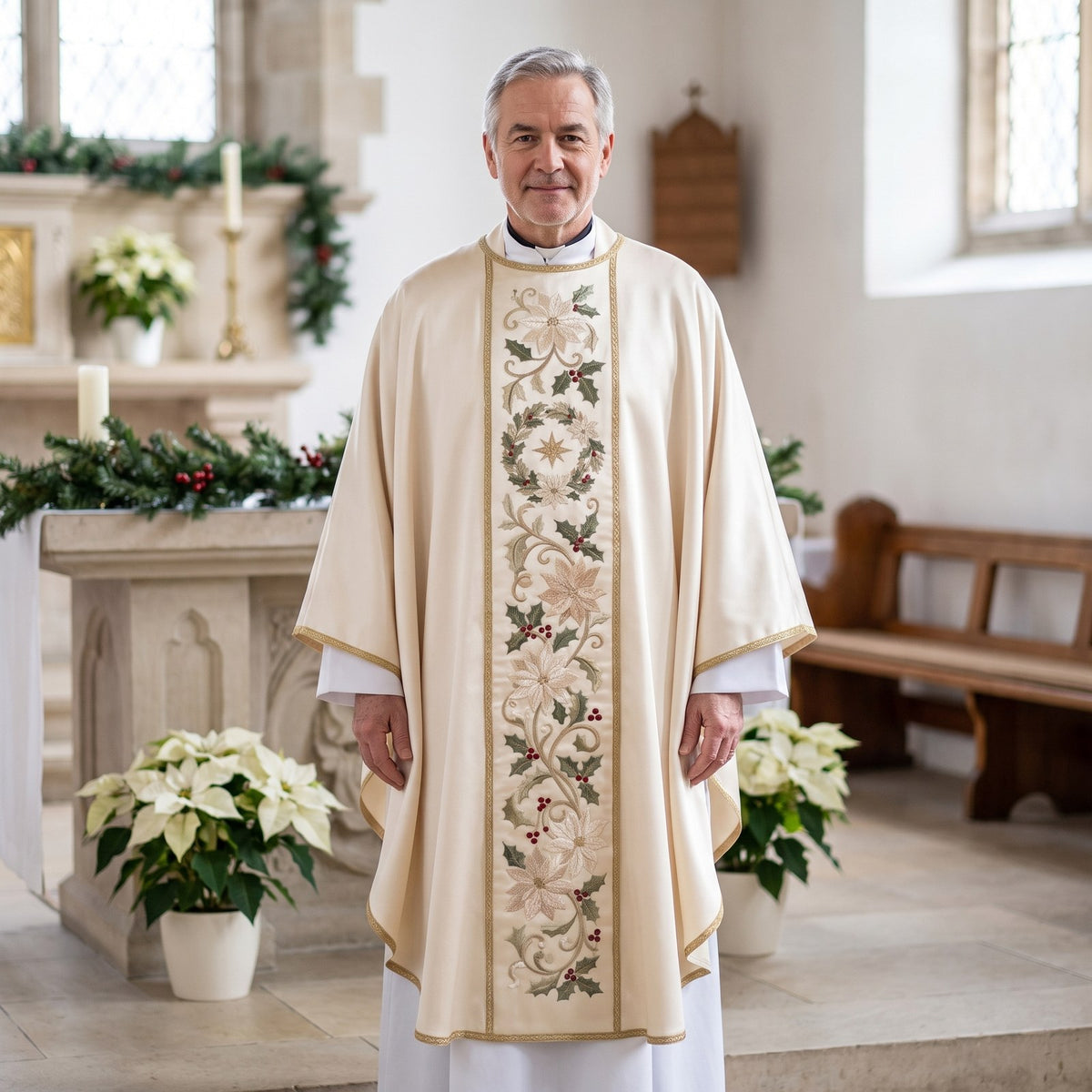 A priest wearing the ivory poinsettia chasuble in a church decorated with evergreen garlands and white poinsettias