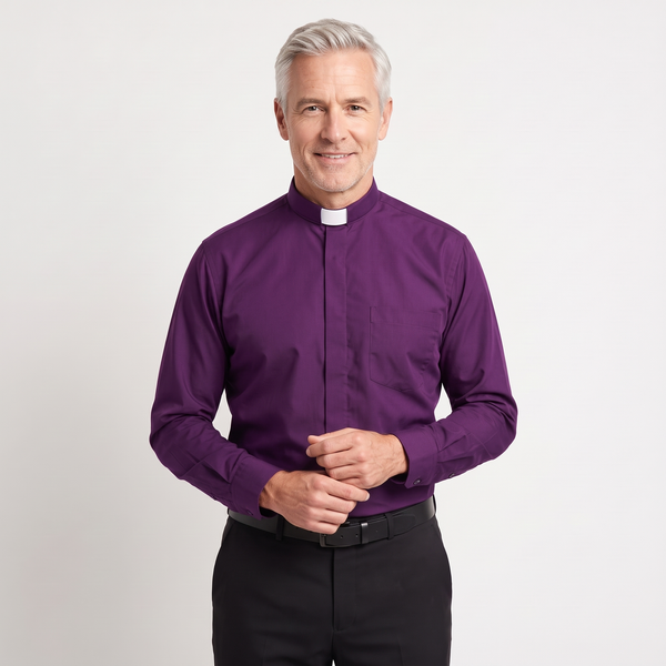Man wearing the purple long-sleeve tab-collar clergy shirt with a white tab (shown for styling, not included), covered placket and left chest pocket, against a light grey background.