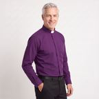 Three-quarter view of the purple clergy shirt showing the collar profile, sleeve and cuff.