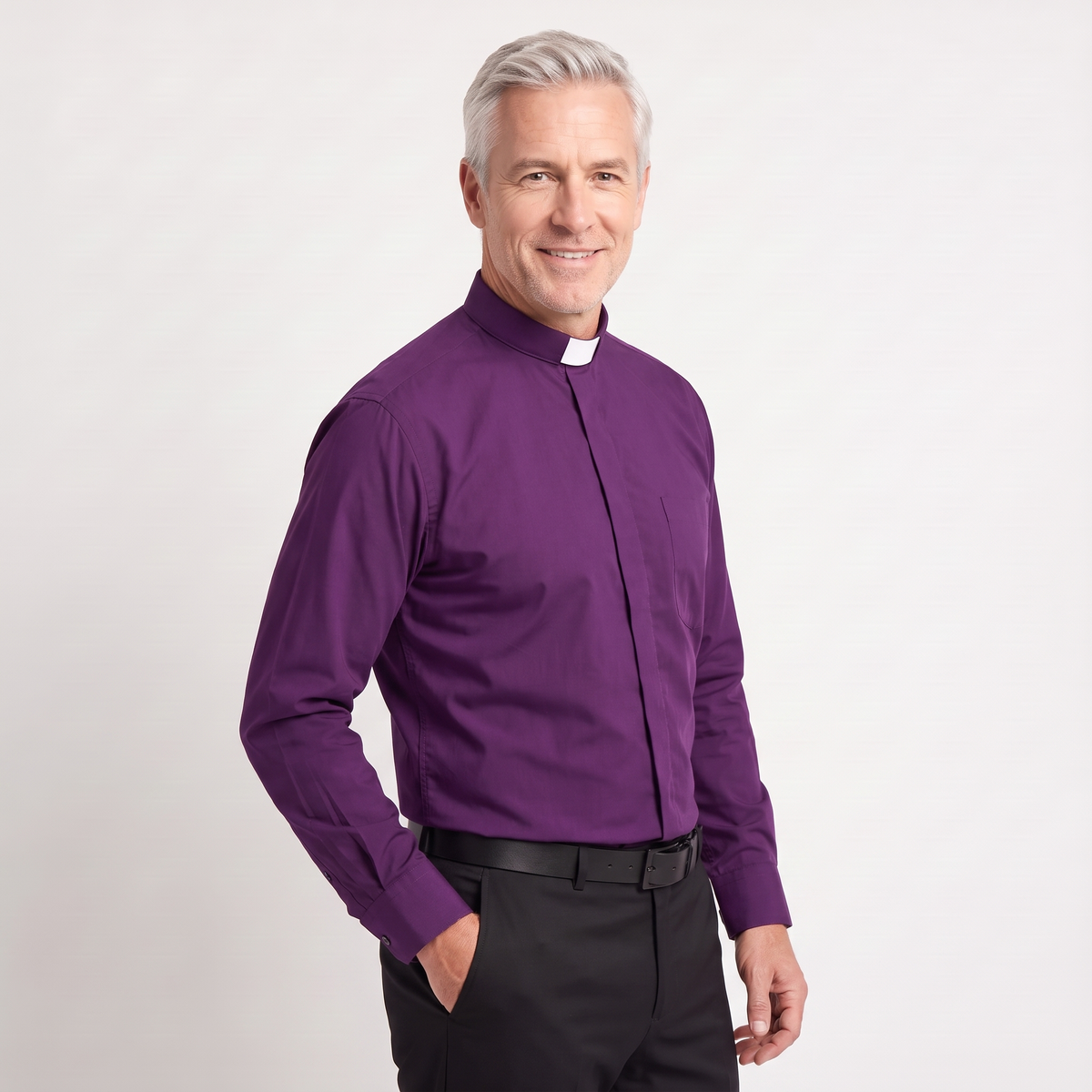 Three-quarter view of the purple clergy shirt showing the collar profile, sleeve and cuff.