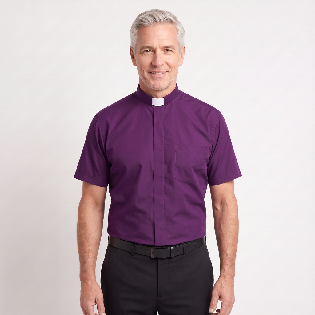 The short-sleeve version of the purple tab-collar clergy shirt, worn with dark trousers.