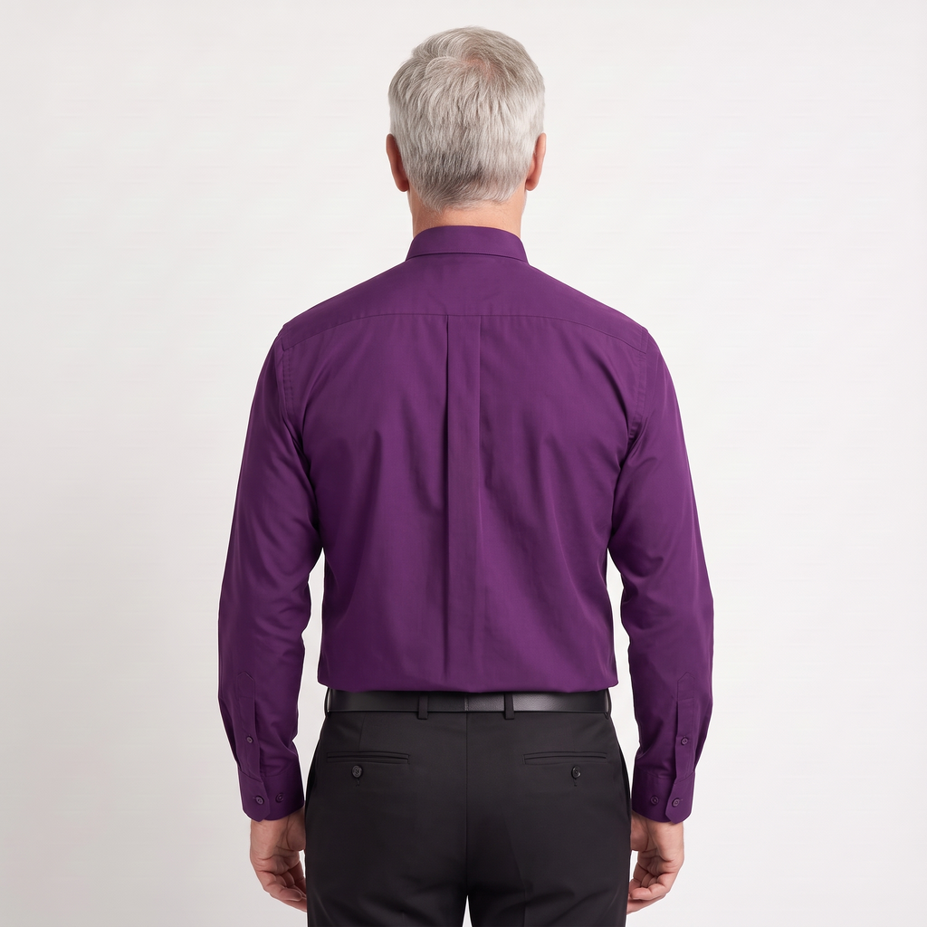 Back view of the purple clergy shirt showing the shoulder yoke and centre pleat.