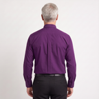 Back view of the purple clergy shirt showing the shoulder yoke and centre pleat.
