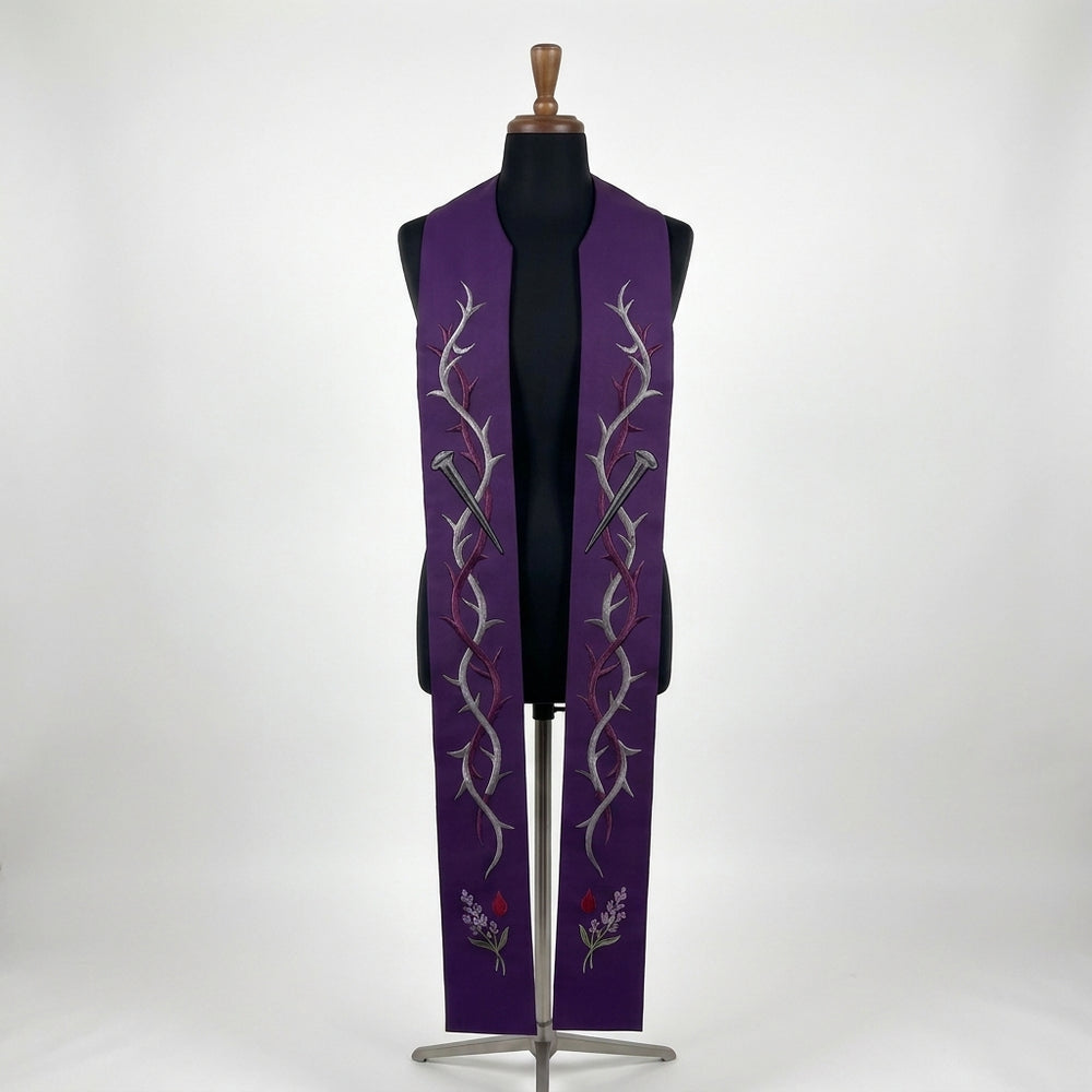 Purple Lenten Stole with a grey and burgundy thorn vine and a single silver nail on each panel.