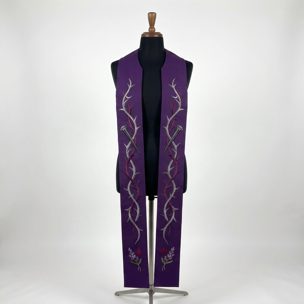 Purple Lenten Stole with a grey and burgundy thorn vine and a single silver nail on each panel.