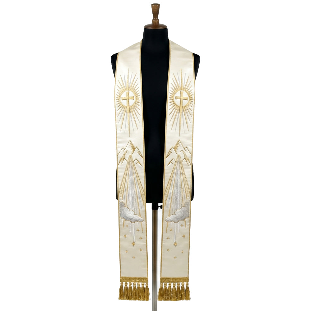 Ivory satin-look stole with a radiant gold cross, mountain peaks and a starry cloud embroidered down each panel.
