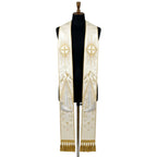 Ivory satin-look stole with a radiant gold cross, mountain peaks and a starry cloud embroidered down each panel.