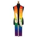 Rainbow Dove Affirming Clergy Stole shown front on with the full colour gradient and dove in flight