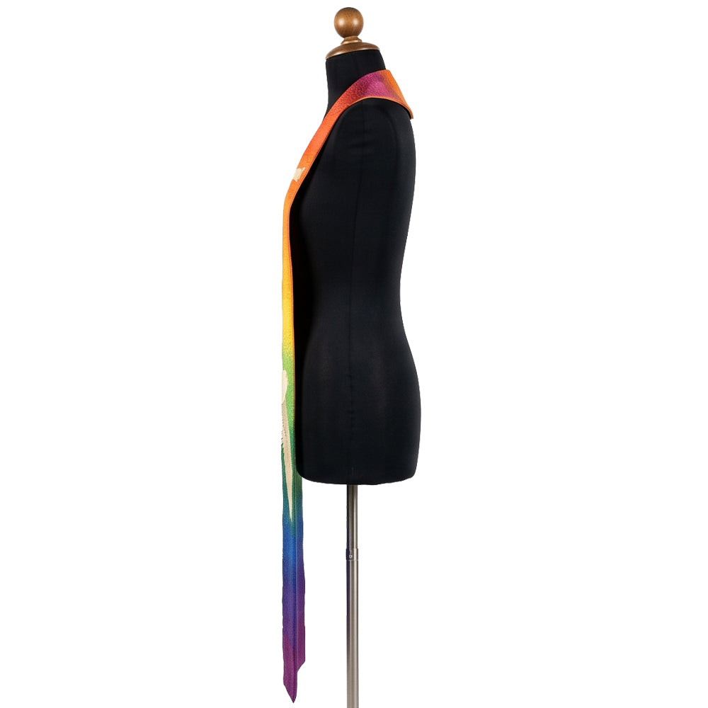 Side profile of the Rainbow Dove Affirming Clergy Stole showing the textured pebbled fabric surface