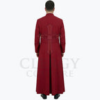 Back view of the deep red cassock robe worn by a model, showing the sash carried straight across the waist.