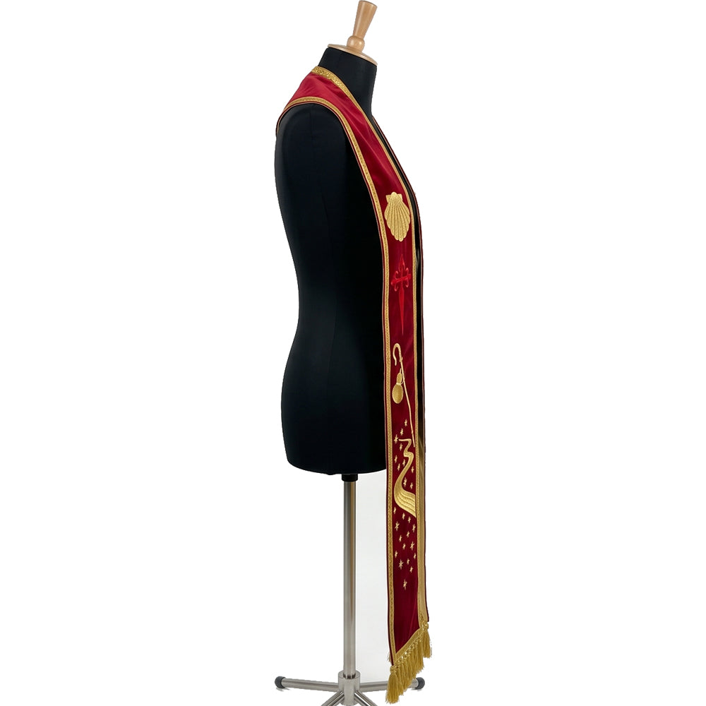 Side view of the Camino de Santiago stole on a dress form, showing the pilgrim's staff and starry gold path.