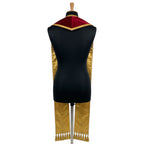 Back view of the Camino de Santiago stole on a dress form, showing the panels in a contrasting gold-tan reverse tone.