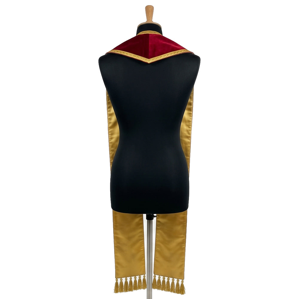 Back view of the Camino de Santiago stole on a dress form, showing the panels in a contrasting gold-tan reverse tone.