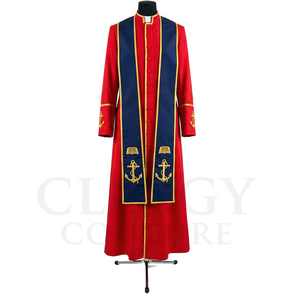Front view of a red clergy cassock robe worn with the optional navy stole embroidered with gold anchors over an open Bible.