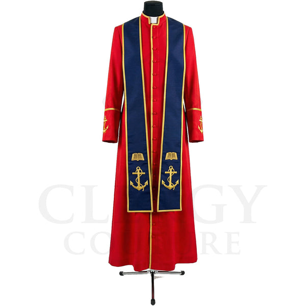 Front view of a red clergy cassock robe worn with the optional navy stole embroidered with gold anchors over an open Bible.
