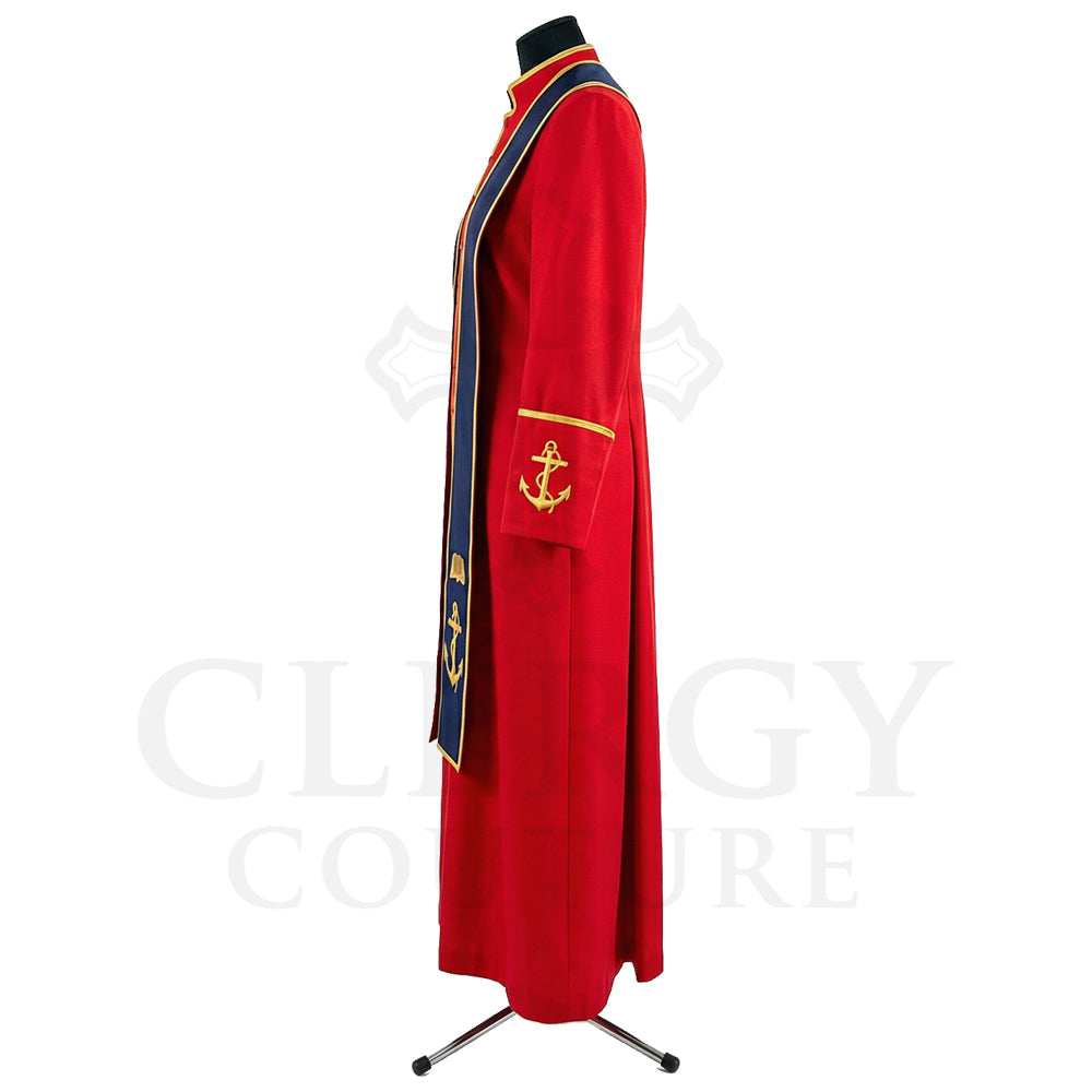 Side view of the red cassock robe showing the navy stole hanging past the hip and the pocket marked with a gold anchor.