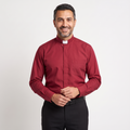 Man wearing the red long-sleeve tab-collar clergy shirt with a white tab (shown for styling, not included), covered placket and left chest pocket, against a light grey background.