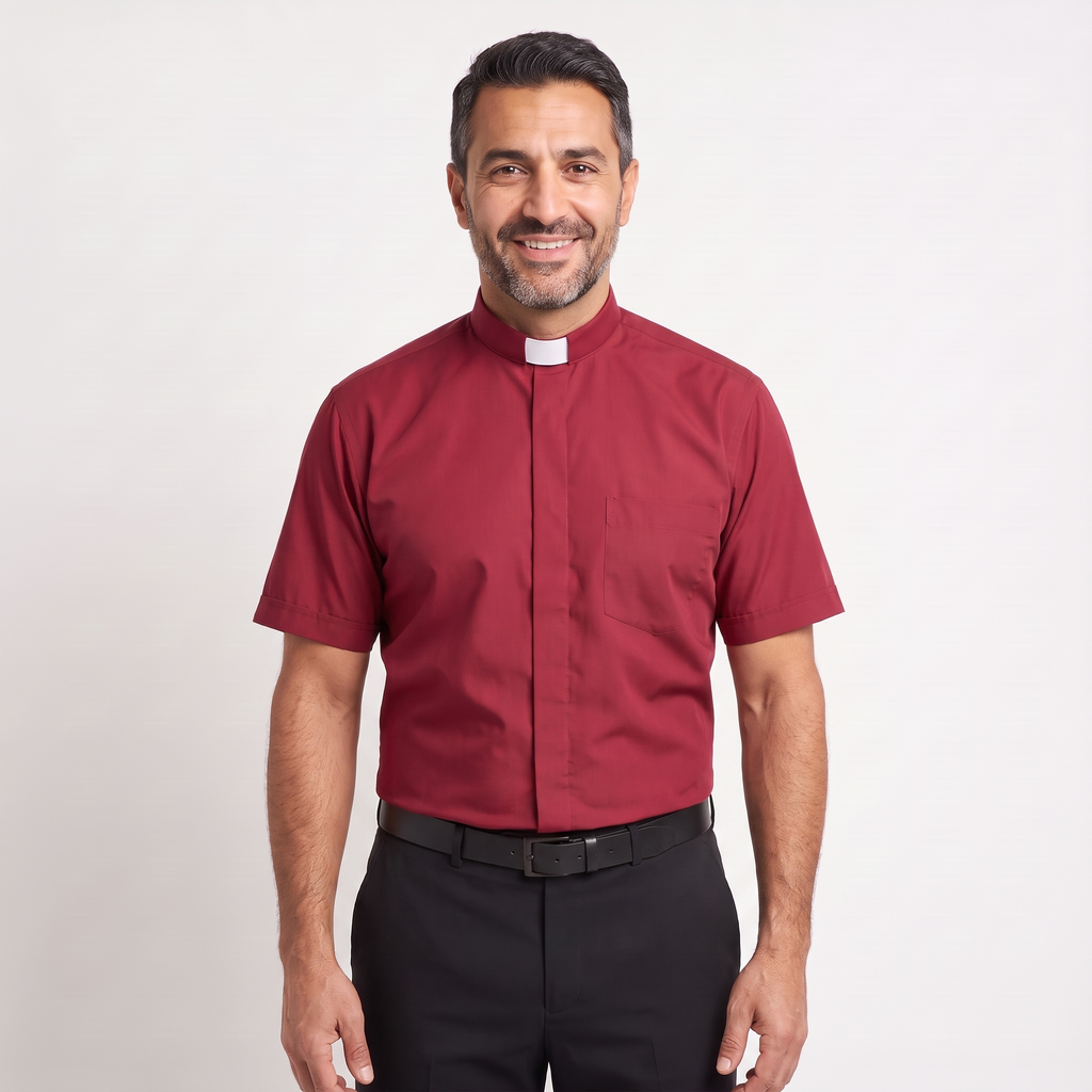 The short-sleeve version of the red tab-collar clergy shirt, worn with dark trousers.