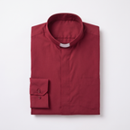 The red long-sleeve clergy shirt folded, with the collar standing and a buttoned barrel cuff visible.