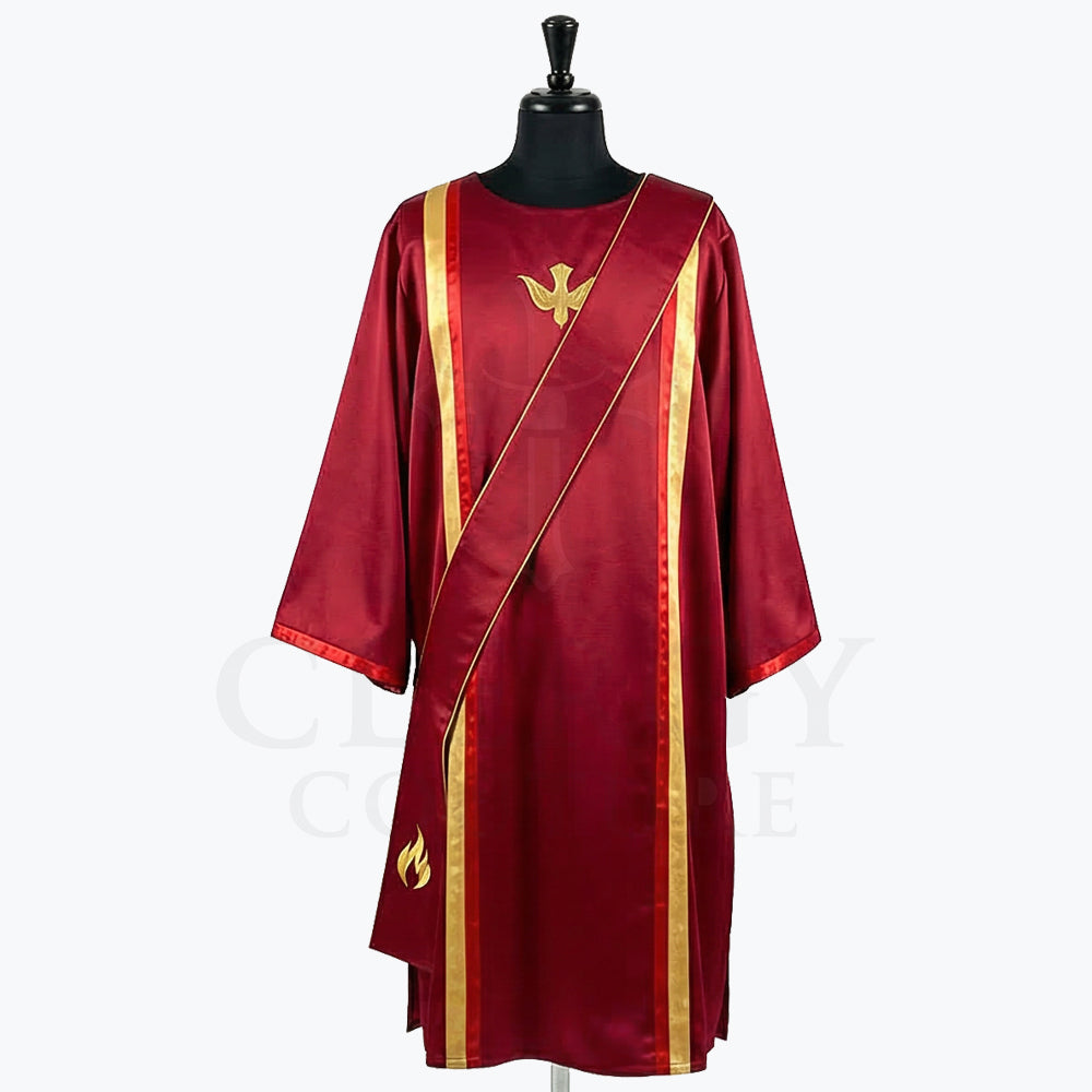 Red satin dalmatic with gold bands and the Holy Spirit dove embroidered in gold at the breast, front view with the matching deacon's stole