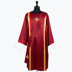 Red satin dalmatic with gold bands and the Holy Spirit dove embroidered in gold at the breast, front view with the matching deacon's stole