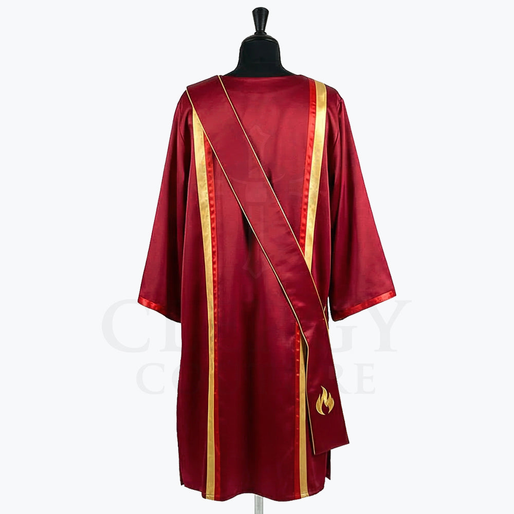 Back view of the red dalmatic showing the gold clavi bands and the stole crossing the back