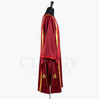 Side view of the red dalmatic showing the open sleeve and the gold flame embroidered at the end of the stole