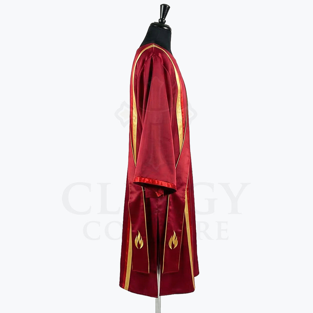 Side view of the red dalmatic showing the open sleeve and the gold flame embroidered at the end of the stole