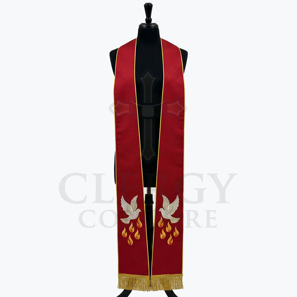 Red Dove and Flame Pentecost Stole shown front on with the descending dove motif at each hem