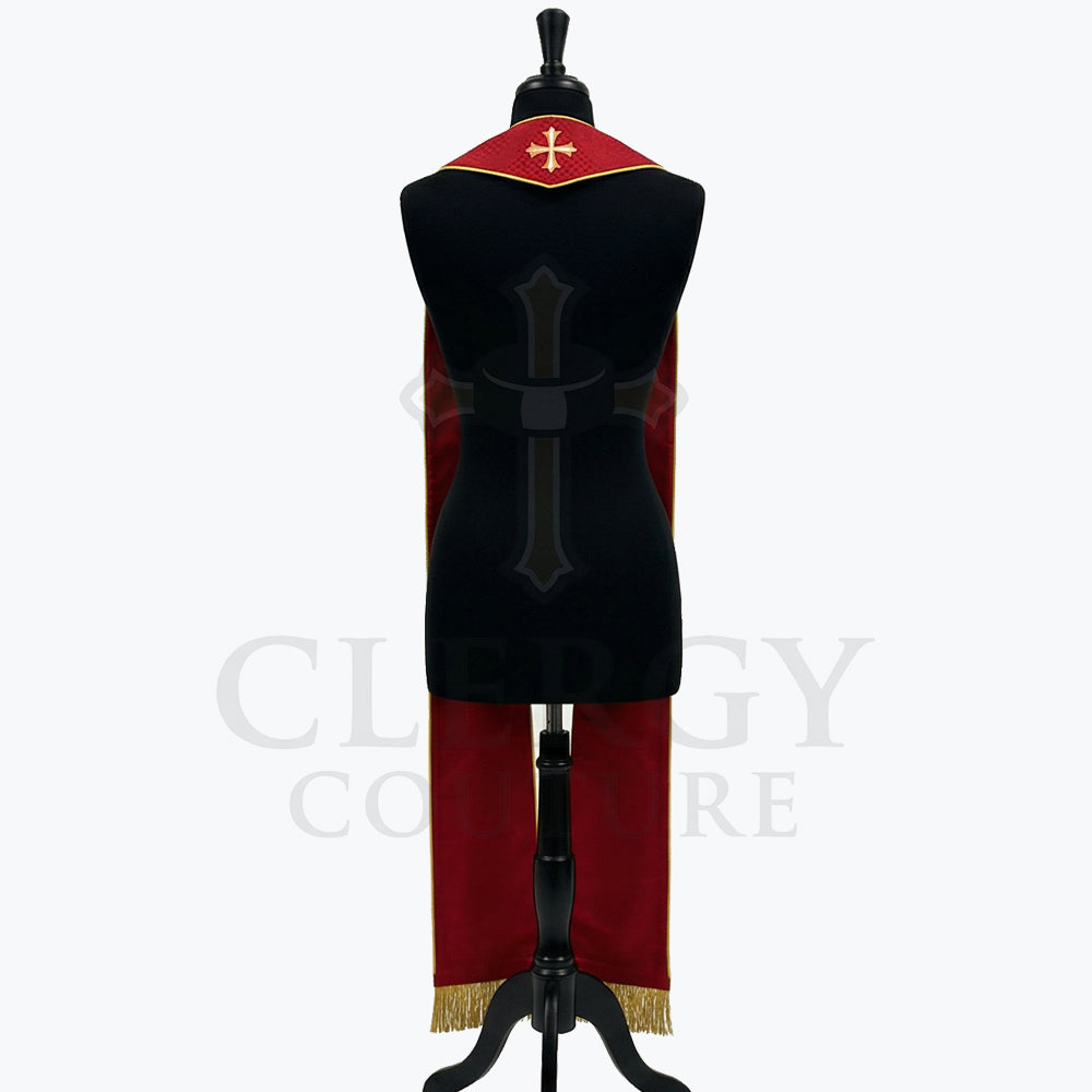 Back view of the Red Dove and Flame Pentecost Stole showing the contrasting ivory neck facing and gold cross