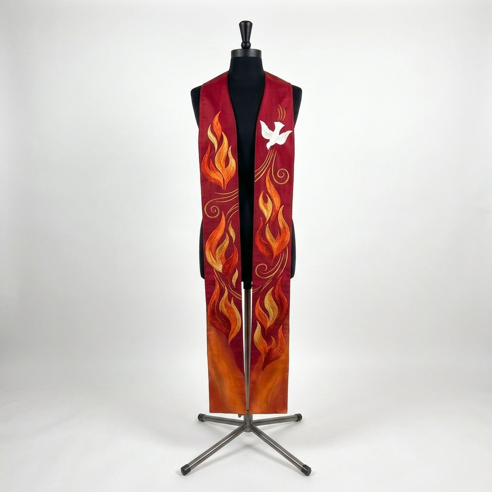 Red Ombre Pentecost Stole shown front on with the dove and rising flame embroidery visible